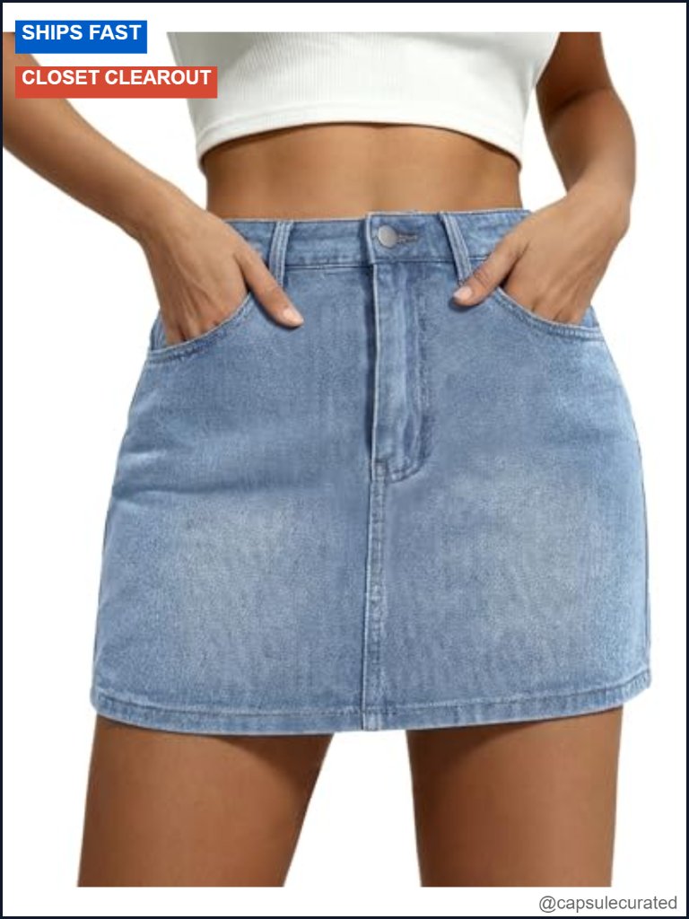 Stretch Denim Mini Skirt With Pockets Y2k Skort Zip Fly Button Closure